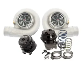 Precision Turbo & Engine 2-Mirror Image 7675 Turbos with 1.00 A/R | 2-46mm Wastegates | 2-50mm Bov's | Flange and Clamps Turbo Package