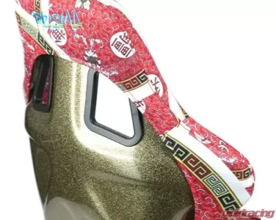 NRG Frp Bucket Seat Prisma- Oriental Longivity Plate ed In Vegan Material Gold Pearlized Back Plus Phone Pockets Large - FRP-302-DYNASTY