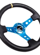 NRG Reinforced Steering Whl - 350MM Sport Steering Whl 3" Deep - Blue Spoke Round Holes Black Leather Yellow Center Stripe                                     - RST-006BL-Y - Image 2