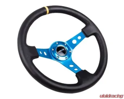 NRG Reinforced Steering Whl - 350MM Sport Steering Whl 3" Deep - Blue Spoke Round Holes Black Leather Yellow Center Stripe - RST-006BL-Y