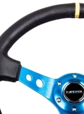 NRG Reinforced Steering Whl - 350MM Sport Steering Whl 3" Deep - Blue Spoke Round Holes Black Leather Yellow Center Stripe                                     - RST-006BL-Y - Image 3