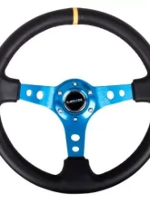 NRG Reinforced Steering Whl - 350MM Sport Steering Whl 3" Deep - Blue Spoke Round Holes Black Leather Yellow Center Stripe                                     - RST-006BL-Y - Image 3