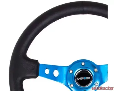 NRG Reinforced Steering Whl - 350MM Sport Steering Whl 3" Deep - Blue Spoke Round Holes Black Leather - RST-006BL