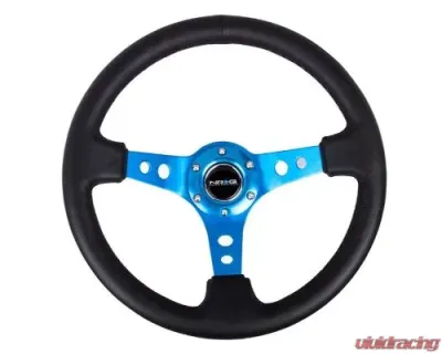 NRG Reinforced Steering Whl - 350MM Sport Steering Whl 3" Deep - Blue Spoke Round Holes Black Leather - RST-006BL