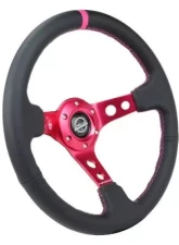 NRG Reinforced Steering Whl - 350MM Sport Steering Whl 3" Deep - Black Leather Fushia Center Mark Fushia Stitching.Fushia Center Spoke                                     - RST-006FH - Image 2
