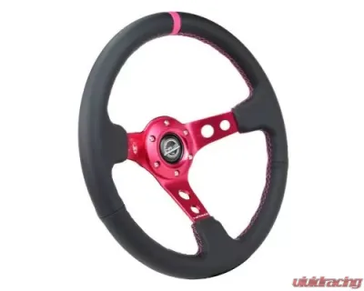 NRG Reinforced Steering Whl - 350MM Sport Steering Whl 3" Deep - Black Leather Fushia Center Mark Fushia Stitching.Fushia Center Spoke - RST-006FH