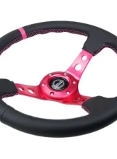 NRG Reinforced Steering Whl - 350MM Sport Steering Whl 3" Deep - Black Leather Fushia Center Mark Fushia Stitching.Fushia Center Spoke                                     - RST-006FH - Image 3