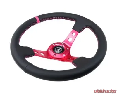 NRG Reinforced Steering Whl - 350MM Sport Steering Whl 3" Deep - Black Leather Fushia Center Mark Fushia Stitching.Fushia Center Spoke - RST-006FH