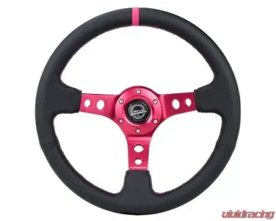 NRG Reinforced Steering Whl - 350MM Sport Steering Whl 3" Deep - Black Leather Fushia Center Mark Fushia Stitching.Fushia Center Spoke - RST-006FH