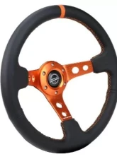 NRG Reinforced Steering Whl - 350MM Sport Steering Whl 3" Deep - Black Leather Orange Center Mark Orange Stitching And Orange Center Spoke                                     - RST-006OR - Image 2