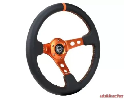NRG Reinforced Steering Whl - 350MM Sport Steering Whl 3" Deep - Black Leather Orange Center Mark Orange Stitching And Orange Center Spoke - RST-006OR