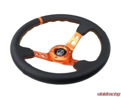 NRG Reinforced Steering Whl - 350MM Sport Steering Whl 3" Deep - Black Leather Orange Center Mark Orange Stitching And Orange Center Spoke - RST-006OR
