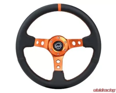 NRG Reinforced Steering Whl - 350MM Sport Steering Whl 3" Deep - Black Leather Orange Center Mark Orange Stitching And Orange Center Spoke - RST-006OR