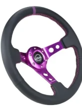 NRG Reinforced Steering Whl - 350MM Sport Steering Whl 3" Deep - Black Leather Purple Center Mark Purple Stitching                                     - RST-006PP - Image 2