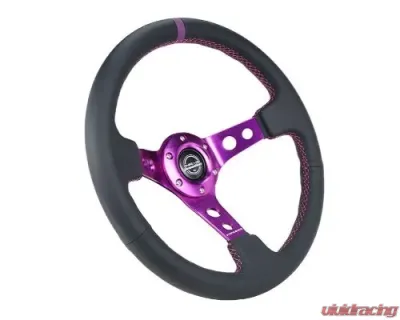 NRG Reinforced Steering Whl - 350MM Sport Steering Whl 3" Deep - Black Leather Purple Center Mark Purple Stitching - RST-006PP