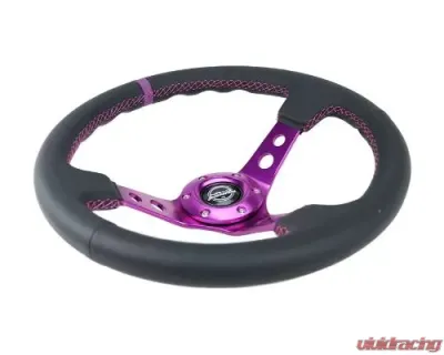 NRG Reinforced Steering Whl - 350MM Sport Steering Whl 3" Deep - Black Leather Purple Center Mark Purple Stitching - RST-006PP