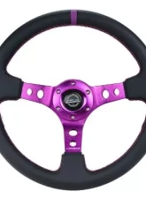 NRG Reinforced Steering Whl - 350MM Sport Steering Whl 3" Deep - Black Leather Purple Center Mark Purple Stitching                                     - RST-006PP - Image 3