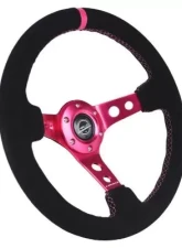 NRG Reinforced Steering Whl - 350MM Sport Steering Whl 3" Deep - Black Suede Fushia Center Mark Fushia Stitching. Fushia Center Spoke                                     - RST-006S-FHA - Image 2