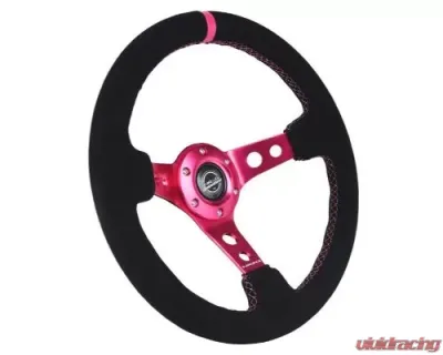 NRG Reinforced Steering Whl - 350MM Sport Steering Whl 3" Deep - Black Suede Fushia Center Mark Fushia Stitching. Fushia Center Spoke - RST-006S-FHA