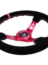 NRG Reinforced Steering Whl - 350MM Sport Steering Whl 3" Deep - Black Suede Fushia Center Mark Fushia Stitching. Fushia Center Spoke                                     - RST-006S-FHA - Image 3