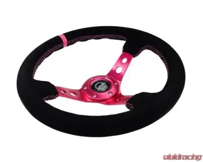 NRG Reinforced Steering Whl - 350MM Sport Steering Whl 3" Deep - Black Suede Fushia Center Mark Fushia Stitching. Fushia Center Spoke - RST-006S-FHA