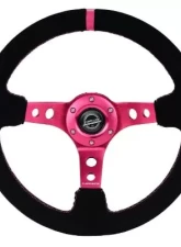 NRG Reinforced Steering Whl - 350MM Sport Steering Whl 3" Deep - Black Suede Fushia Center Mark Fushia Stitching. Fushia Center Spoke                                     - RST-006S-FHA - Image 3