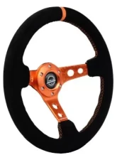 NRG Reinforced Steering Whl - 350MM Sport Steering Whl 3" Deep - Black Suede Orange Center Mark Orange Stitching And Orange Center Spoke                                     - RST-006S-OR - Image 2
