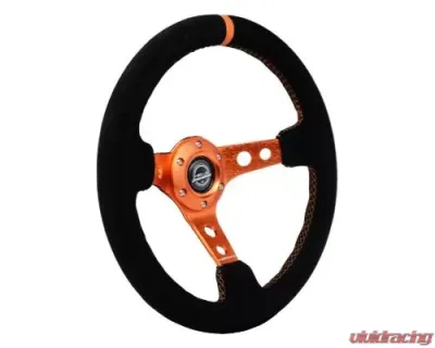 NRG Reinforced Steering Whl - 350MM Sport Steering Whl 3" Deep - Black Suede Orange Center Mark Orange Stitching And Orange Center Spoke - RST-006S-OR