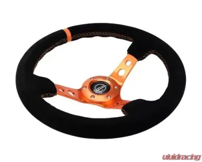 NRG Reinforced Steering Whl - 350MM Sport Steering Whl 3" Deep - Black Suede Orange Center Mark Orange Stitching And Orange Center Spoke - RST-006S-OR