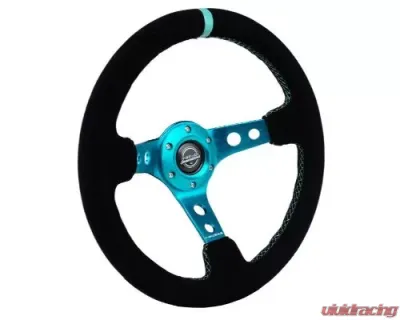 NRG Reinforced Steering Whl - 350MM Sport Steering Whl 3" Deep - Black Suede Teal Center Mark Teal Stitching And Teal Center Spoke - RST-006S-TL