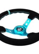 NRG Reinforced Steering Whl - 350MM Sport Steering Whl 3" Deep - Black Suede Teal Center Mark Teal Stitching And Teal Center Spoke                                     - RST-006S-TL - Image 3
