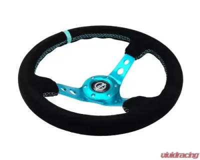 NRG Reinforced Steering Whl - 350MM Sport Steering Whl 3" Deep - Black Suede Teal Center Mark Teal Stitching And Teal Center Spoke - RST-006S-TL