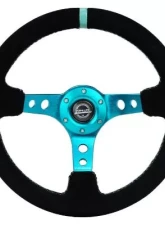 NRG Reinforced Steering Whl - 350MM Sport Steering Whl 3" Deep - Black Suede Teal Center Mark Teal Stitching And Teal Center Spoke                                     - RST-006S-TL - Image 3