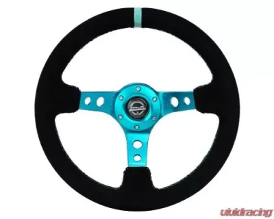 NRG Reinforced Steering Whl - 350MM Sport Steering Whl 3" Deep - Black Suede Teal Center Mark Teal Stitching And Teal Center Spoke - RST-006S-TL