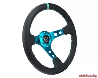 NRG Reinforced Steering Whl - 350MM Sport Steering Whl 3" Deep - Black Leather Teal Center Mark Teal Stitching And Teal Center Spoke - RST-006TL
