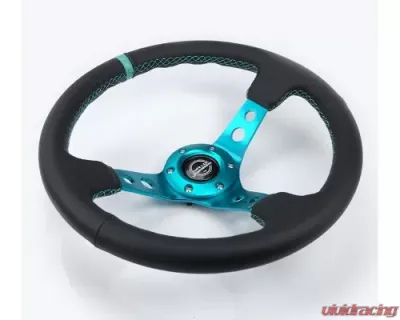 NRG Reinforced Steering Whl - 350MM Sport Steering Whl 3" Deep - Black Leather Teal Center Mark Teal Stitching And Teal Center Spoke - RST-006TL