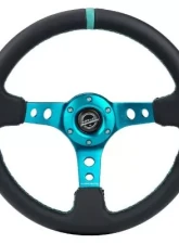 NRG Reinforced Steering Whl - 350MM Sport Steering Whl 3" Deep - Black Leather Teal Center Mark Teal Stitching And Teal Center Spoke                                     - RST-006TL - Image 3