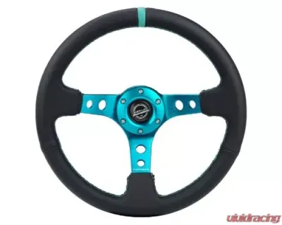 NRG Reinforced Steering Whl - 350MM Sport Steering Whl 3" Deep - Black Leather Teal Center Mark Teal Stitching And Teal Center Spoke - RST-006TL