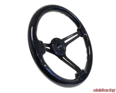 NRG Reinforced Classic Wood Grain Whl 350MM 3 Spoke Slotted Center Black Matte Color Black Multi Color Flake Wood - RST-018BSB-BK
