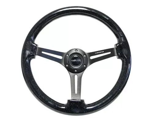 NRG Reinforced Classic Wood Grain Whl 350MM 3 Spoke Slotted Center Black Matte Color Black Multi Color Flake Wood - RST-018BSB-BK