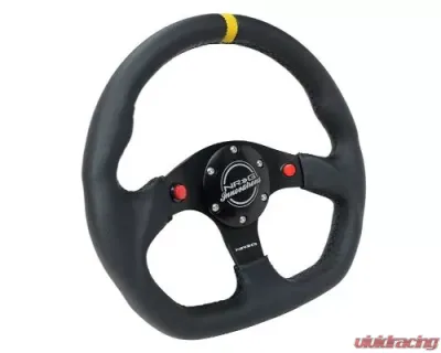NRG Reinforced Steering Whl - 320MM Sport Leather Dual Push Buttons Flat Bottom Yellow Center Mark - RST-024D-MB-R-Y