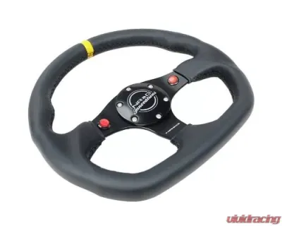 NRG Reinforced Steering Whl - 320MM Sport Leather Dual Push Buttons Flat Bottom Yellow Center Mark - RST-024D-MB-R-Y