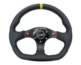 NRG Reinforced Steering Whl - 320MM Sport Leather Dual Push Buttons Flat Bottom Yellow Center Mark