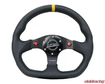 NRG Reinforced Steering Whl - 320MM Sport Leather Dual Push Buttons Flat Bottom Yellow Center Mark - RST-024D-MB-R-Y