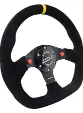 NRG Reinforced Steering Whl - 320MM Sport Suede Dual Push Buttons Flat Bottom Yellow Center Mark                                     - RST-024D-MB-S-Y - Image 2