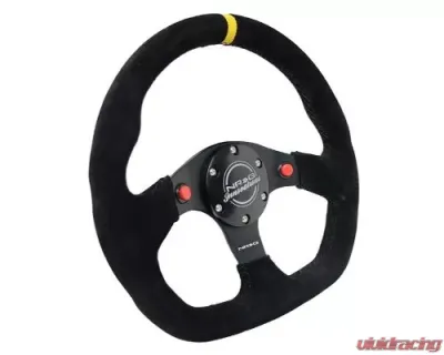 NRG Reinforced Steering Whl - 320MM Sport Suede Dual Push Buttons Flat Bottom Yellow Center Mark - RST-024D-MB-S-Y
