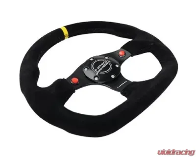 NRG Reinforced Steering Whl - 320MM Sport Suede Dual Push Buttons Flat Bottom Yellow Center Mark - RST-024D-MB-S-Y
