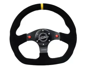 NRG Reinforced Steering Whl - 320MM Sport Suede Dual Push Buttons Flat Bottom Yellow Center Mark