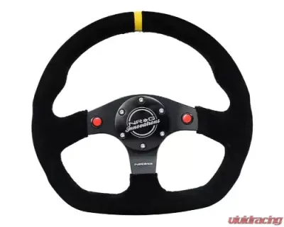 NRG Reinforced Steering Whl - 320MM Sport Suede Dual Push Buttons Flat Bottom Yellow Center Mark - RST-024D-MB-S-Y