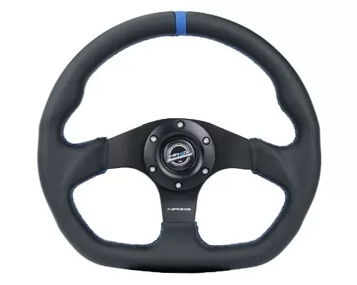 NRG Reinforced Steering Whl - 320MM Sport Leather Flat Bottom Blue Center Mark Blue Stitching - RST-024MB-R-BL